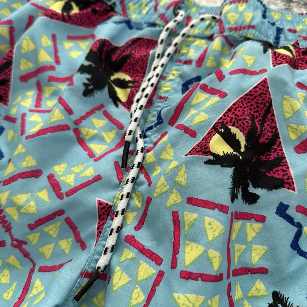 Maui and Sons‎ Mens Swim Trunks Shorts Palm Tree Print 80s Retro Size Large Blue